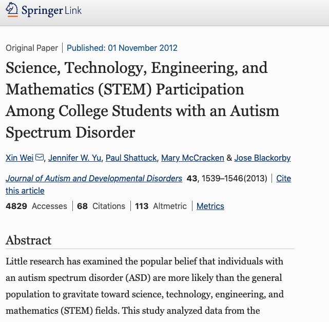 Science, Technology, Engineering, and Mathematics (STEM) Participation Among College Students with an Autism Spectrum Disorder